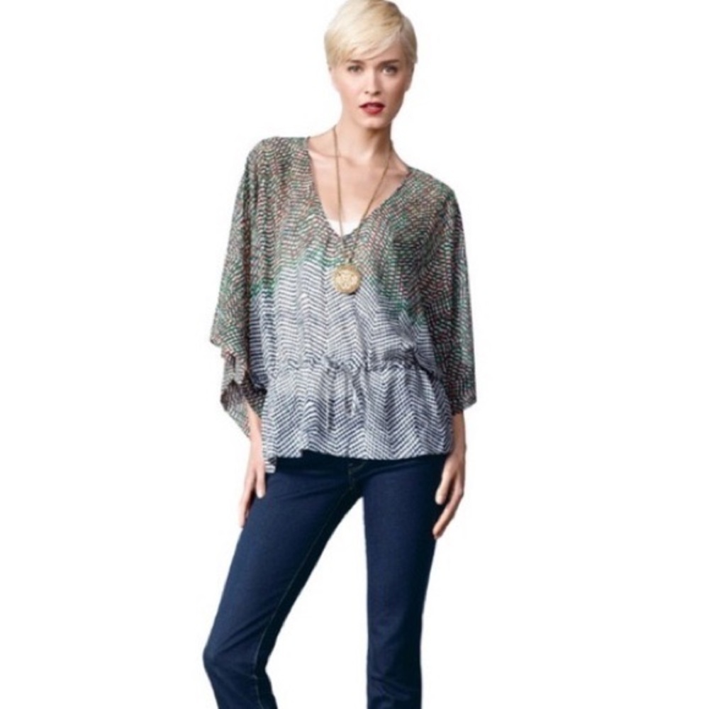 CAbi oversize print #731 Green/Blue Kimono Sleeve Boho Sheer Tunic Top - Size S